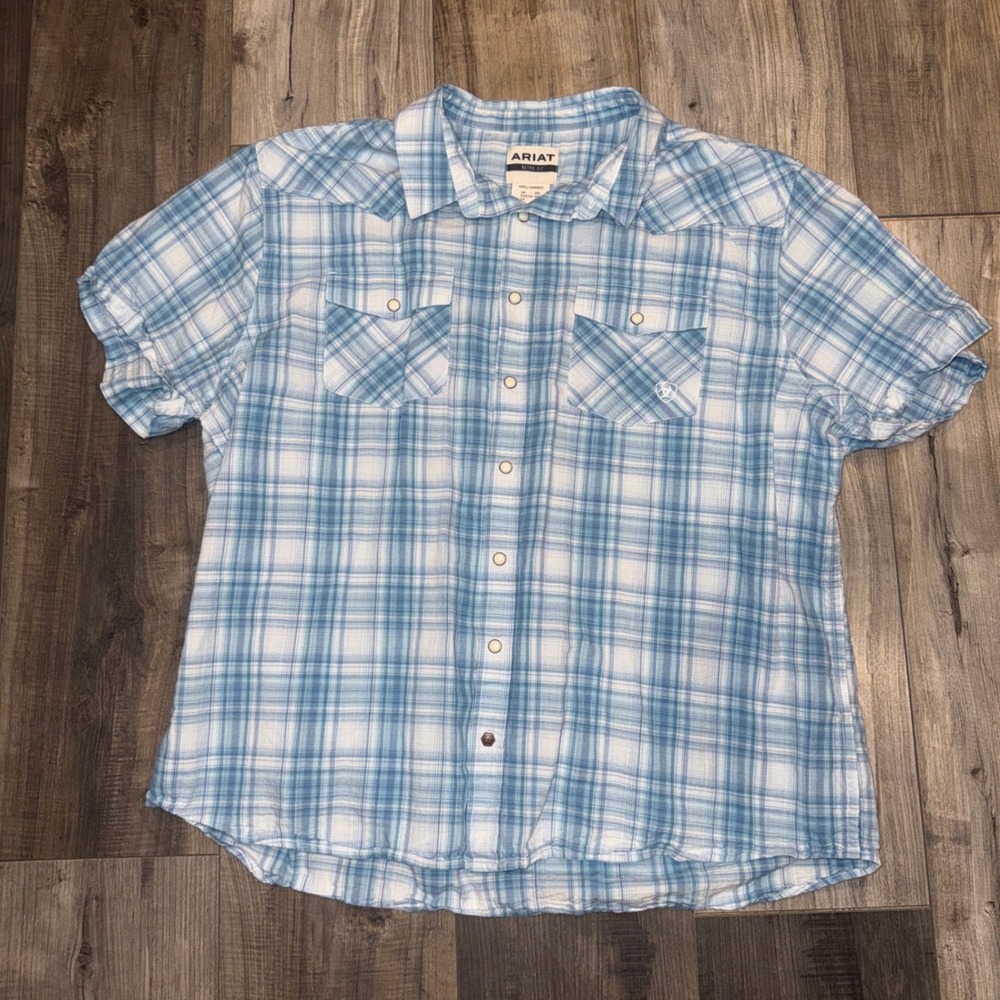 Ariat‎ Retro Fit Plaid Snap Shirt Mens XXL Blue Western Pearl Snap